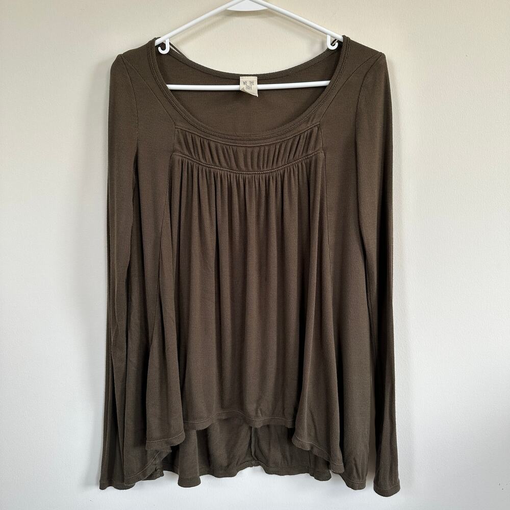 Free People We The Free Boho Babydoll Top Olive Green Scoop Neck Long Sleeve XS
